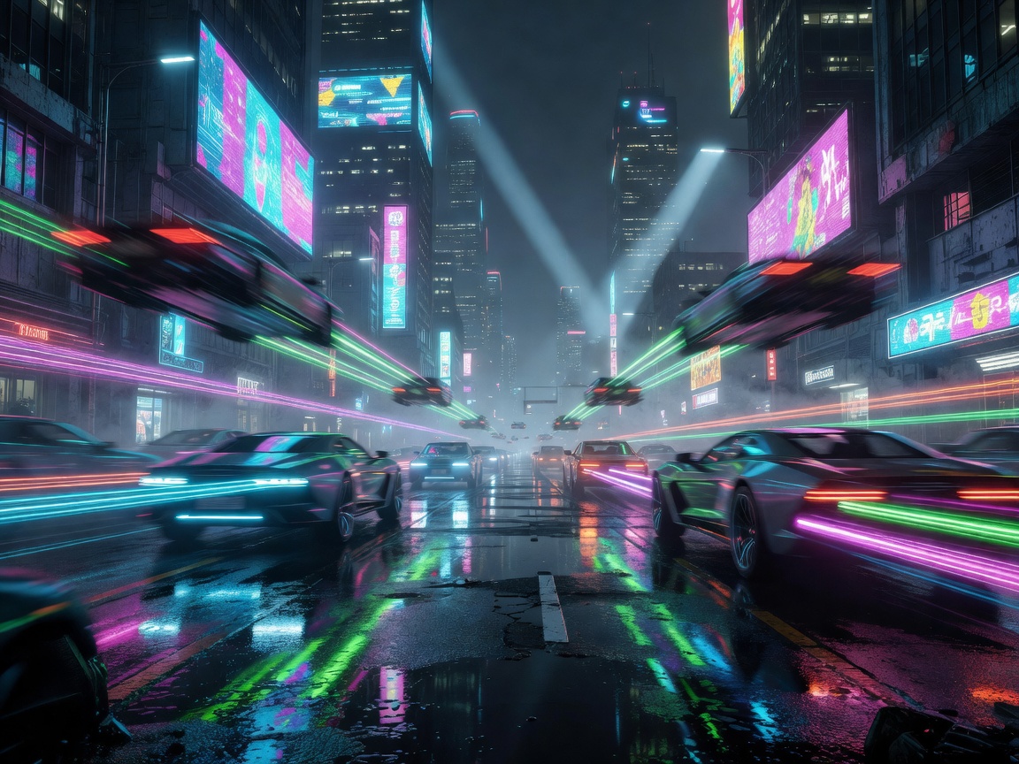 Cyberpunk neon traffic dodging speed blur