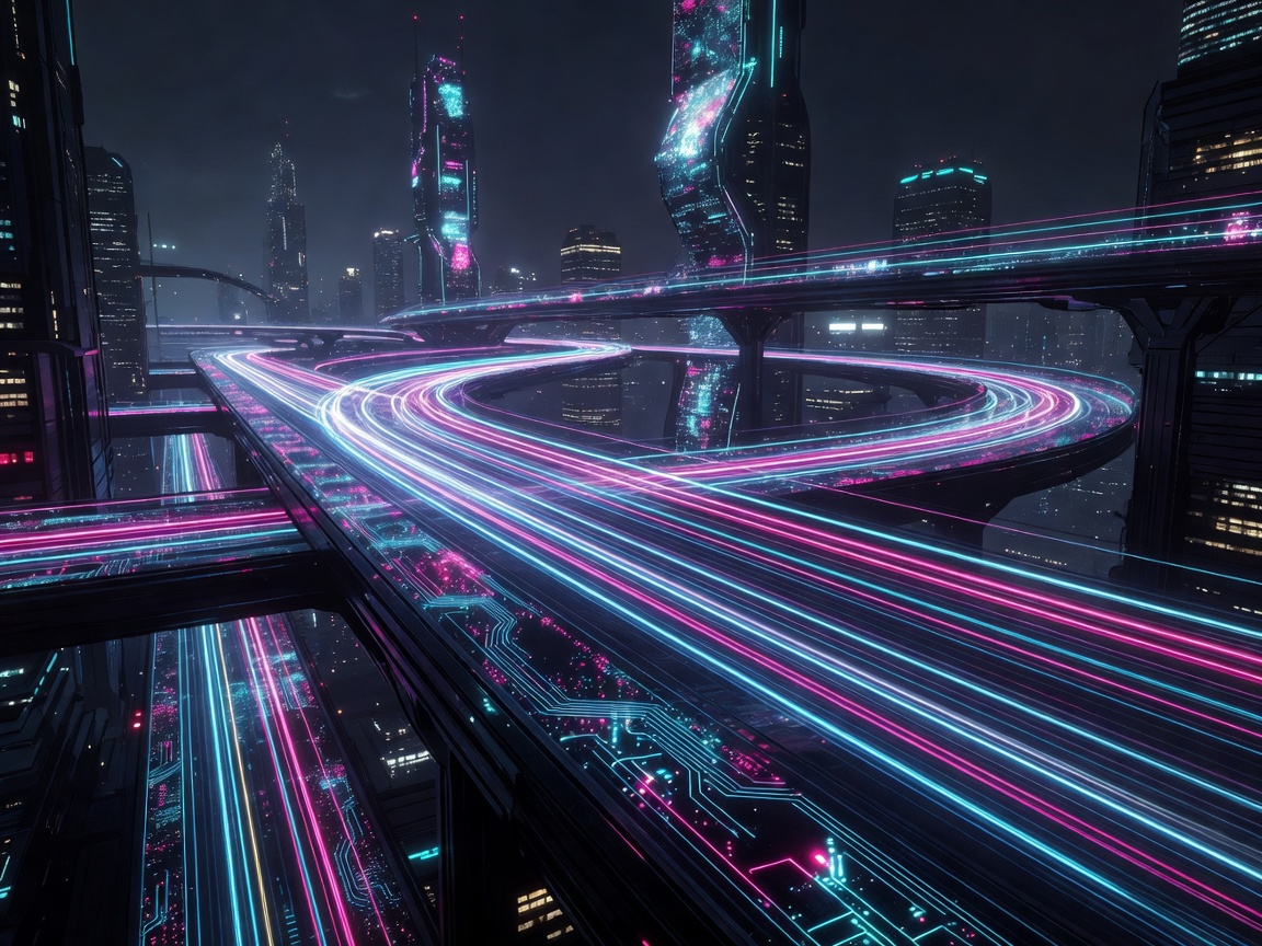 High speed racing light trails on cyber highway