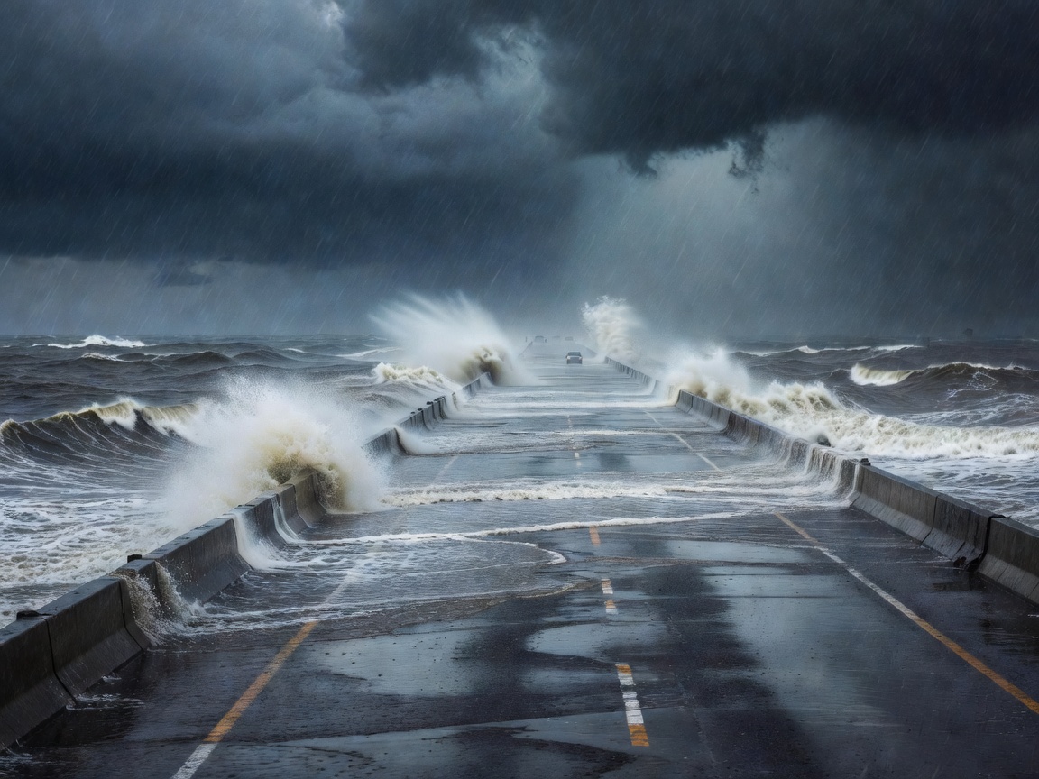 Storm Surge Causeway Rain Swept Highway